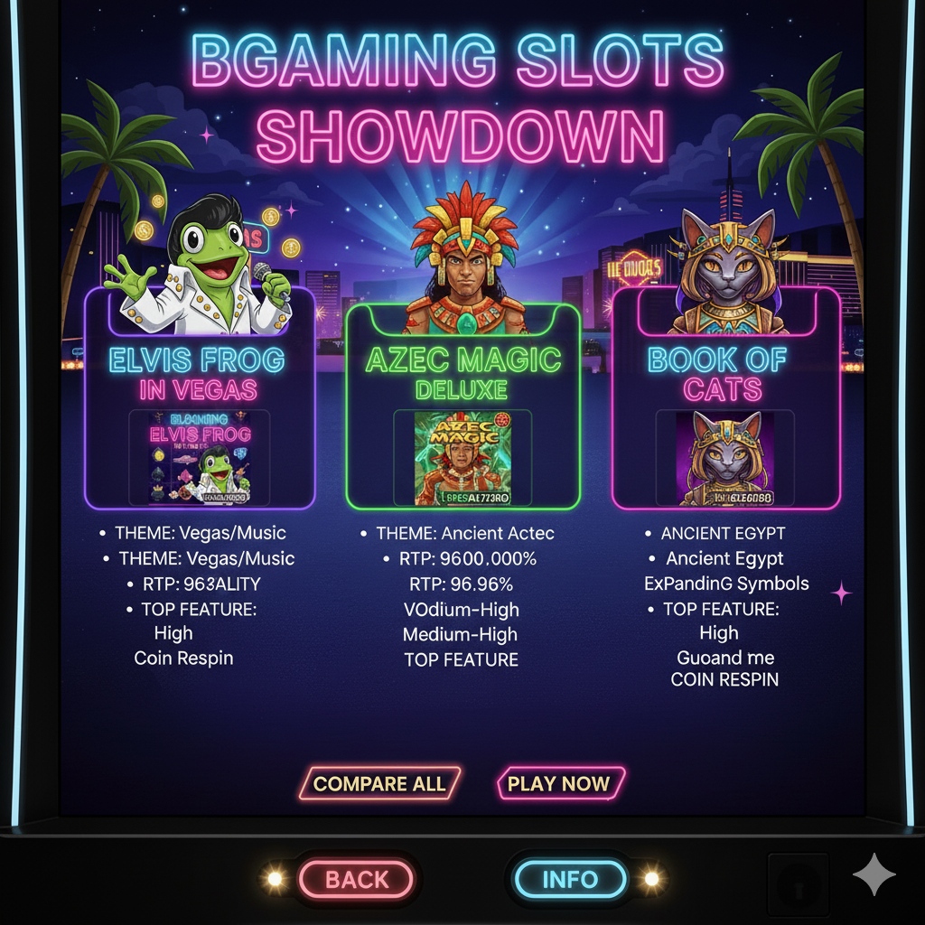 Сравнение слотов BGaming: Elvis Frog, Aztec Magic, Book of Cats