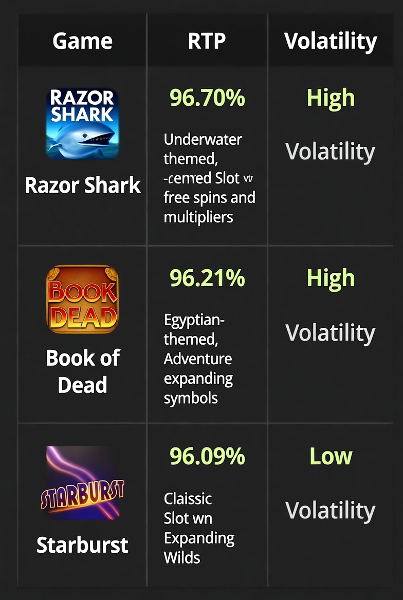 Сравнительная таблица слотов Razor Shark, Book of Dead и Starburst по RTP, волатильности и бонусам