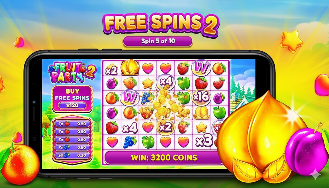 Жинақтаушы мультипликаторлары бар Fruit Party 2 слотындағы Free Spins бонустық раунды
