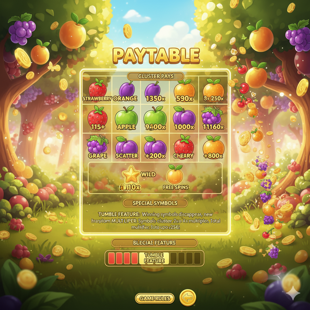 Таблица символов и выплат в игре Fruit Party