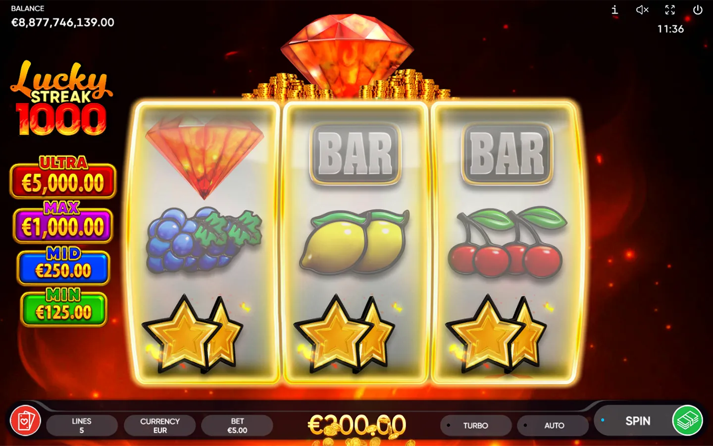 Gaming interface of the Lucky Streak 1000 slot from Endorphina at Pokerdom casino