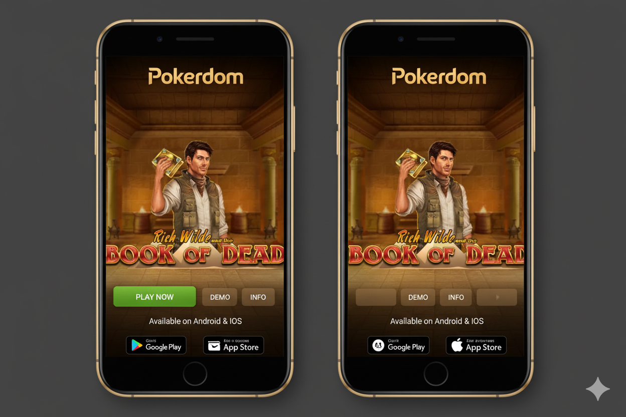 сгенерируй фото на тему Мобильное приложение Pokerdom для игры в Book of Dead на Android и iOS. Дизайн возьми. с моего фото