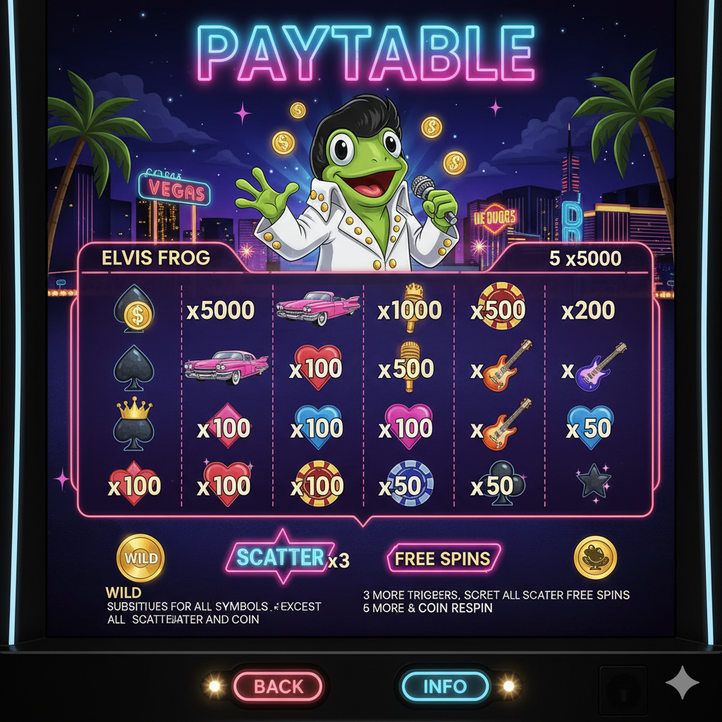 Таблица выплат символов Elvis Frog in Vegas