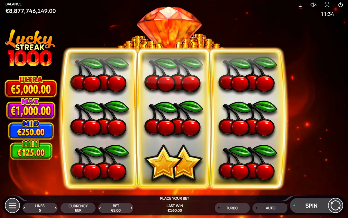 Paytable of symbols in the Lucky Streak 1000 slot