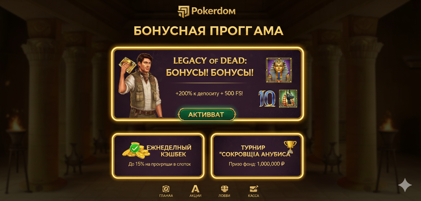 Интерфейс бонусной программы Pokerdom с акциями для слота Legacy of Dead