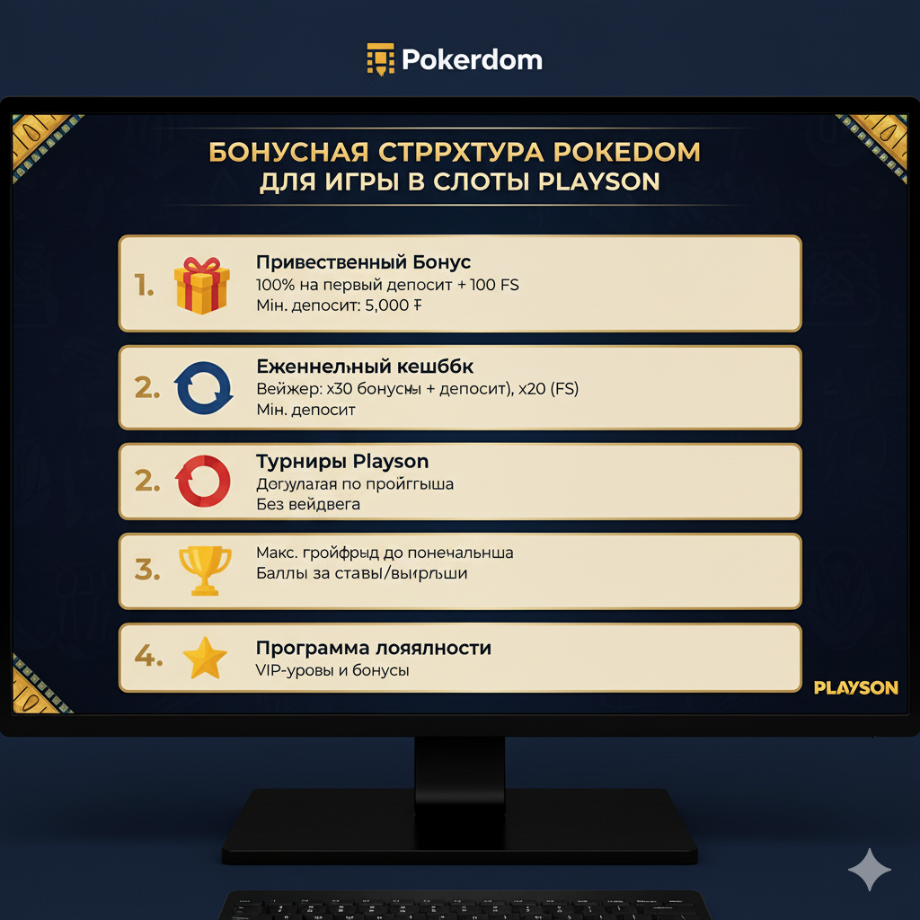 Playson slotlarida o'ynash uchun Pokerdom bonuslari tuzilmasi