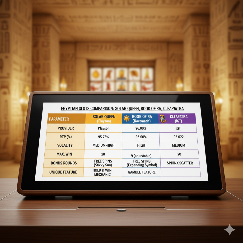 Misr slotlarining qiyosiy jadvali: Solar Queen, Book of Ra, Cleopatra