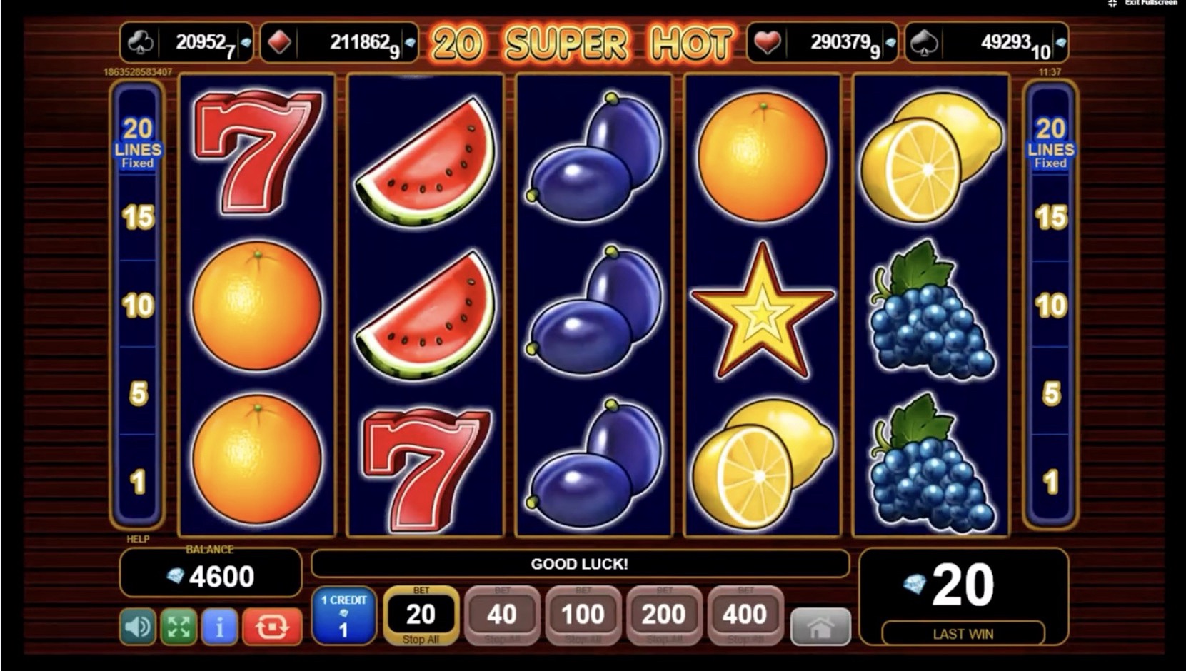 Интерфейс игрового автомата 20 Super Hot от Amusnet