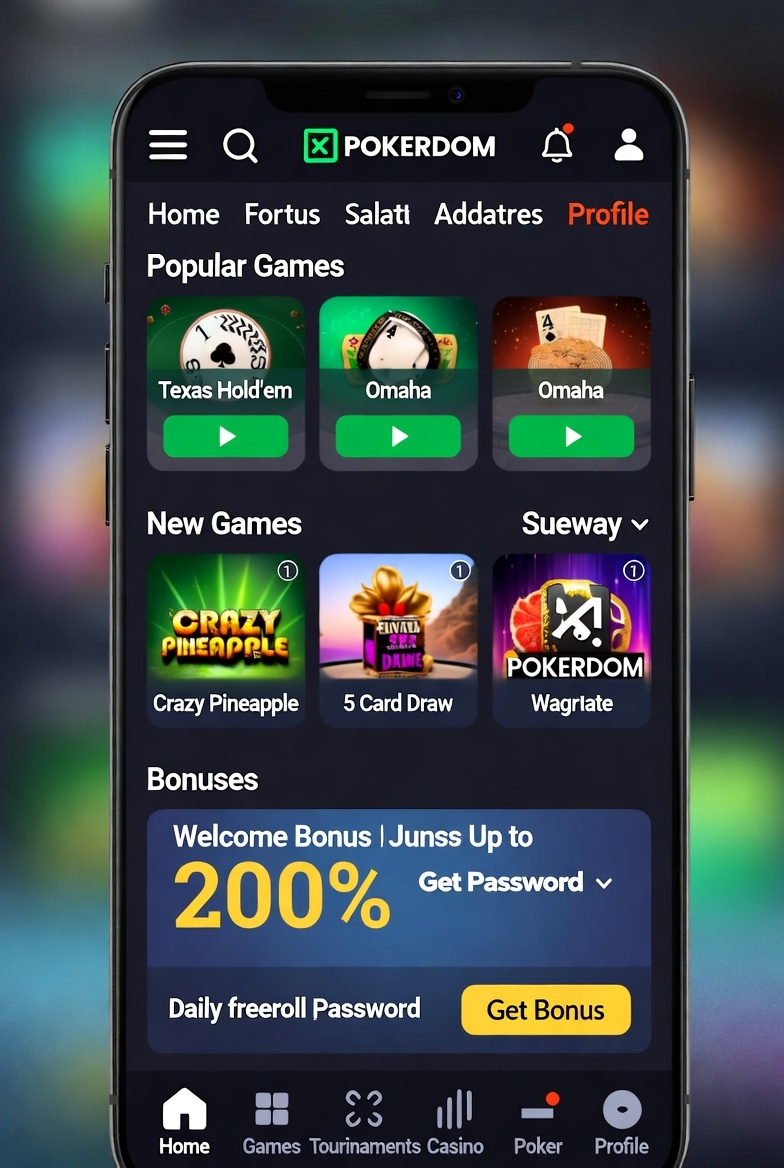 Android және iOS-тегі Pokerdom мобильді қосымшасының интерфейсі